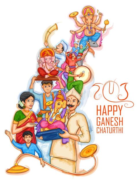 Indian people celebrating Lord Ganpati background for Ganesh Chaturthi festival of India. Illustration of Indian people celebrating Lord Ganpati background for vector illustration Ganpati Background, India Illustration, Ganesh Chaturthi Festival, Bal Hanuman, Festival Paint, People Celebrating, Diwali Pictures, India Poster, Ganesha Drawing