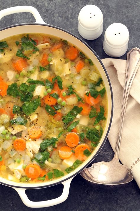 Spring Chicken Vegetable Soup - The Harvest Kitchen Homemade Chicken Vegetable Soup, Soup Recipes Uk, Spring Soup Recipes, Chicken Broth Soup, Chicken Vegetable Soup Recipes, Healthy Chicken Soup, Chicken Broth Recipes, Spring Soups, Chicken Stock Recipe