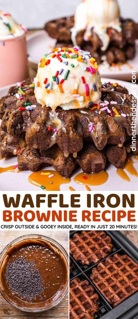 Waffle Iron Brownies are made with the perfect chocolatey, gooey brownie batter perfect to top off with whipped cream! Perfect for breakfast, dessert, or holidays! Waffle Iron Recipes Dinner, Brownie Mix Waffles, Waffle Iron Recipes Easy, Waffle Iron Brownies, Waffle Desserts, Waffle Ideas, Brownie Waffles, Waffle Cone Recipe, Pastries Recipes