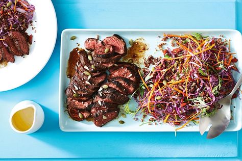 Kangaroo is not only full of flavour but also very lean, which is great news for the health-conscious amongst us. If kangaroo isn't your thing, lamb can be used instead. Kangaroo Steak, Kangaroo Recipe, Rocket Leaves, Lamb Ribs, Baby Kale, Red Quinoa, Slow Cooked Lamb, Australian Food, Slaw Recipes