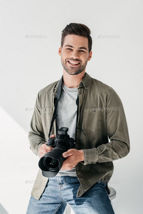 Videographer Branding Photos, Male Photographer Branding Photoshoot, Male Branding Photoshoot, Photographer Self Portrait, Digital Camera Photos, Male Photographer, Photographer Outfit, Best Camera For Photography, Studio Headshots