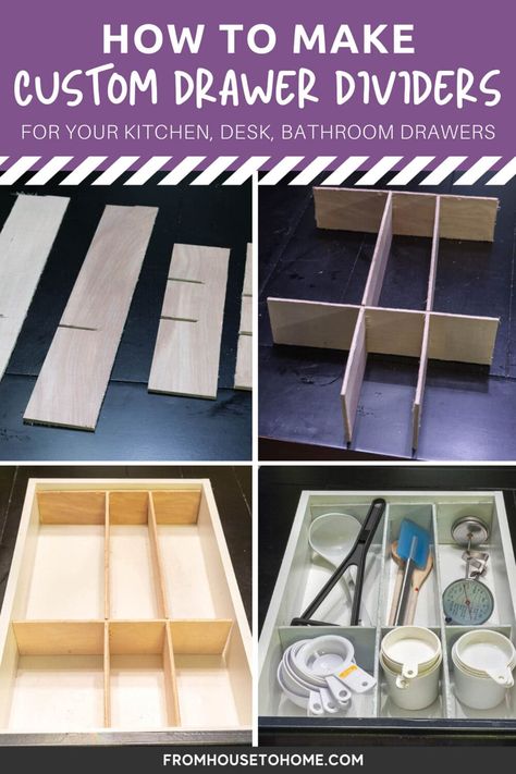 These DIY drawer dividers are super easy and inexpensive to make. Why buy kitchen drawer organizers when you can have custom drawer dividers for less. Easy Wood Diy, Diy Drawer Dividers, Kitchen Drawer Organizers, Kitchen Desk, Drawer Dividers, Drawer Organizers, Custom Wood, Wood Diy, Super Easy