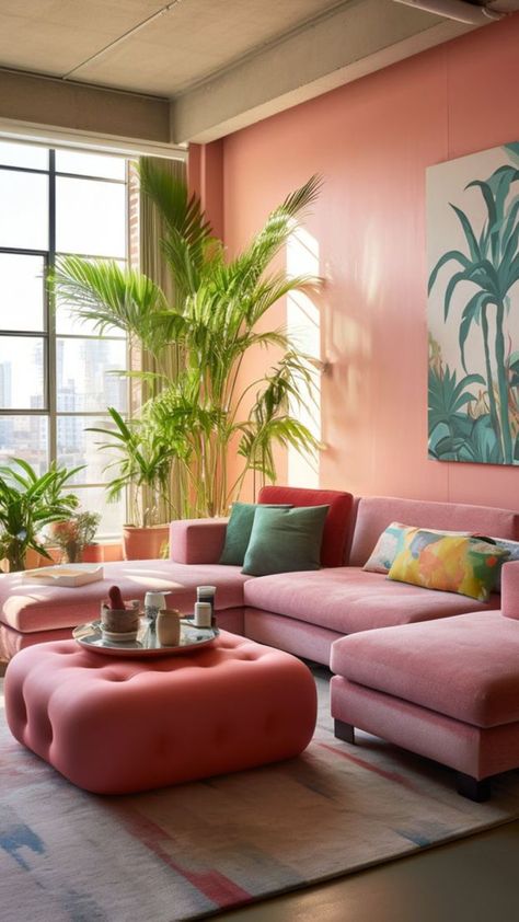 Pink Living Room Couch, Pink Couches Living Room, Pink Sectional Living Room, Salmon Couch Living Rooms, Blush Pink Couch Living Room Ideas, Mid Century Modern Living Room Pink, Light Pink Couch Living Room, Salmon Couch, Pink Furniture Living Room