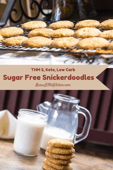 Sugar Free Snickerdoodles THM S Low Carb is a melt in your mouth sugarless cookie rolled in a cinnamon sweetener that tastes anything but low carb. Trim Healthy Mama, Keto via @nanaslilkitchen Keto Snickerdoodles, Sugarless Cookies, Sugar Free Oatmeal Cookies, Sugar Free Oatmeal, Low Carb Christmas, Trim Healthy Momma, Keto Cookie Recipes, Snickerdoodle Cookies, Thm Desserts