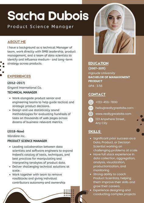 Create an impressive Product Science Manager resume with this professional CV template. Showcase your skills, qualifications and experience with a clean, modern layout that will stand out to recruiters. Get started now and take the next step in your career. Suit Hijab, Cv Layout, Cv Inspiration, Modern Layout, Resume Maker, Professional Cv, Cv Resume Template, Manager Resume, Cv Resume