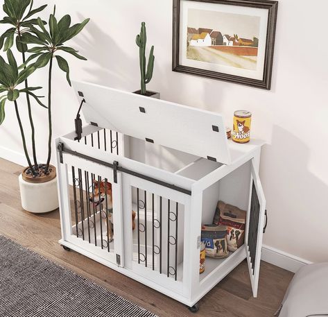 Rophefx Dog Crate Furniture with Sliding Door, Dog Kennel Indoor with Partition for Two Puppies, Dog Cage with Flip-up Top and Wheels, Chew-Resistant Wooden Double Dog Crate, White Dog Cage Furniture, Large Dog Kennel, Indoor Sliding Doors, Double Dog Crate, Dog Crate Table, Wood Dog House, Two Puppies, Indoor Dog House, Wooden Dog Crate