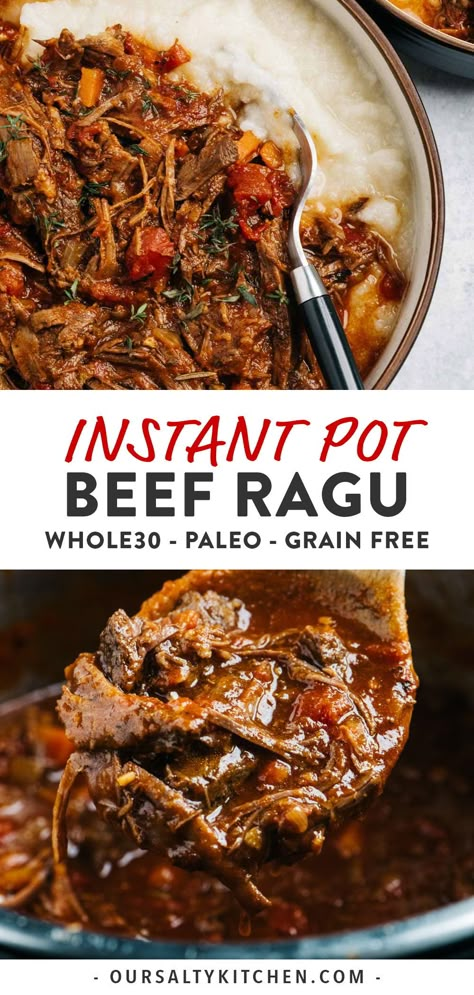 For the perfect comfort meal, look no further than Instant Pot Beef Ragu. The instant pot makes this healthy, Whole30 dinner recipe quick and easy with same depth of flavor. Impossibly tender shreds of beef in a seasoned tomato sauce are the ultimate healthy comfort recipe in cold winter weather. Served over cauliflower mash, this Italian meat sauce is naturally Whole30, dairy free, gluten free, and grain free, and low carb too. #whole30 #glutenfree #grainfree #dinner #healthydinner #instantpot Whole30 Dinner, Whole30 Dinner Recipes, Beef Ragu, Ragu Recipe, Cauliflower Mash, Whole30 Dinners, Potted Beef, Healthy Comfort, Instant Pot Dinner Recipes