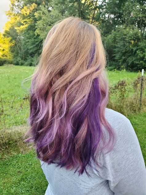 Honey blonde with purple Blonde Hair Purple Roots, Blonde With Purple, Blonde Hair With Purple, Purple Roots, Hair With Purple, Honey Blonde Hair, Dye Colors, Hair Dye Colors, Honey Blonde