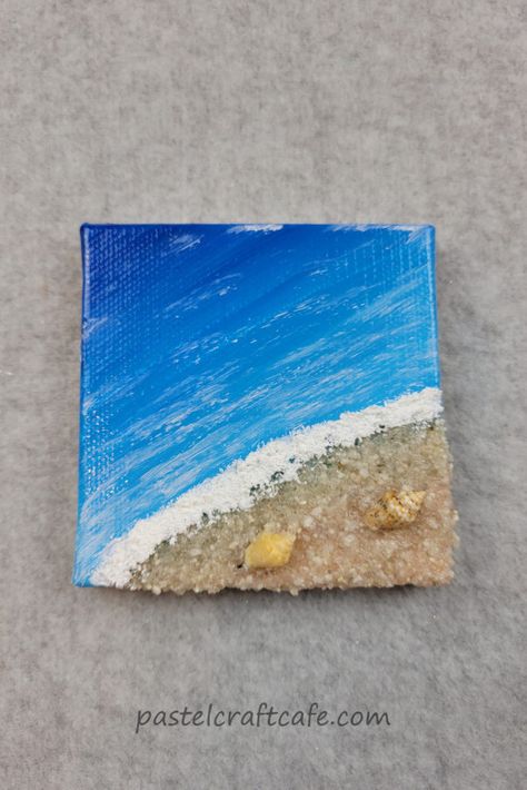 https://pastelcraftcafe.com/mixed-media-beach-canvas-painting-tutorial/ Mini Canvas Art Beach Easy, Beach Water Painting, Beach Painting With Sand, Simple Beach Paintings For Beginners, Summer Diys For Teens, Beach Drawing For Kids, Simple Beach Painting, 3d Beach Art, Beach Canvas Painting