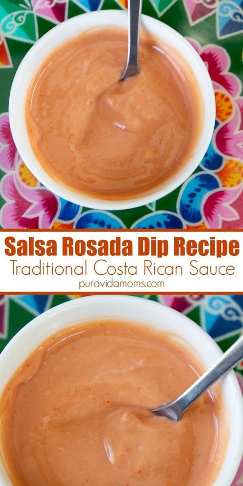 This dipping sauce is the perfect appetizer to go with french fries, patacones, tostones, fried plantains, yuca and more. Costa Rican recipe from Central American and popular throughout Latin America and the Caribbean. Salsa Rosada Recipe, Empanada Sauce Recipe, Latin Appetizers, Yuca Fries, French Fry Sauce, Costa Rican Recipes, Argentine Recipes, Costa Rica Food, Gallo Pinto