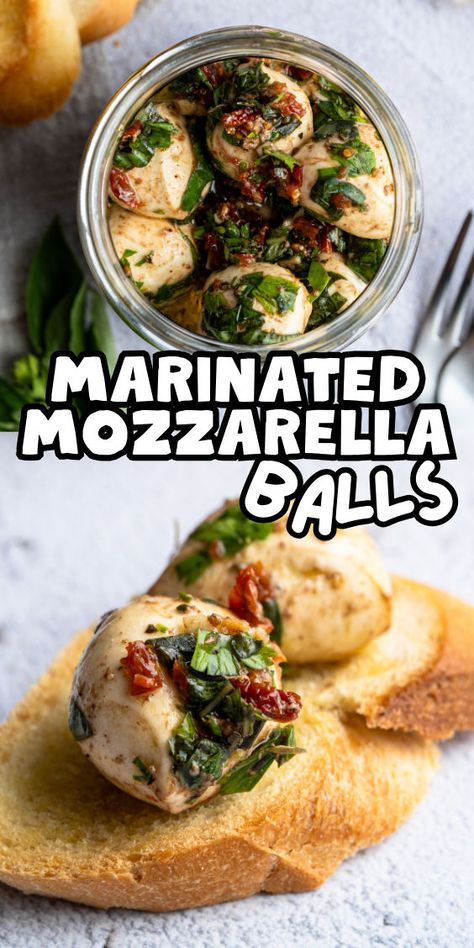 How to make marinated mozzarella balls Marinaded Mozzarella Recipes, Mozzarella Balls In Olive Oil, Seasoned Mozzarella Balls, Mozerella Recipes Appetizers, Mini Mozzarella Ball Recipes, Mozerella Recipes, Marinated Mozzarella Balls, Fresh Mozzarella Recipe, Marinated Mozzarella