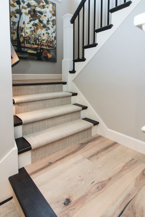 White and tan patterned carpet on a blonde wood staircase. Stairs Design Carpet And Wood, Two Tone Stairs, Carpet On Stairs With Wood Floors, Blonde Wood Floors, Wood And Carpet Stairs, Farmhouse Dinnerware Sets, Staircase Carpet Runner, Staircase Carpet, Farmhouse Dinnerware