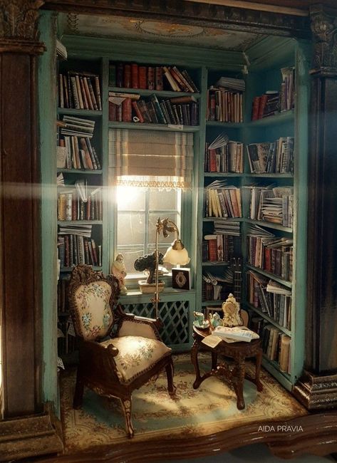 Bookshelf Miniature Scene, Cottagecore Dollhouse, Miniature Bookstore, Dark Academia Interior, Dream Home Library, Miniature Library, Miniature Bookshelf, Room Box Miniatures, Bookshelf Art