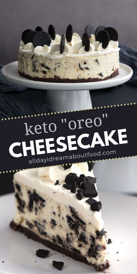 Collage of keto cookies and cream cheesecake with a photo of the whole cake on the top and a photo of a slice cut out on the bottom. Black Cocoa Powder, Low Carb Cheesecake Recipe, Cookies And Cream Cheesecake, Black Cocoa, Sugar Free Cheesecake, Low Carb Low Fat Recipes, Losing 40 Pounds, Low Carb Cheesecake, Sugar Free Cookies