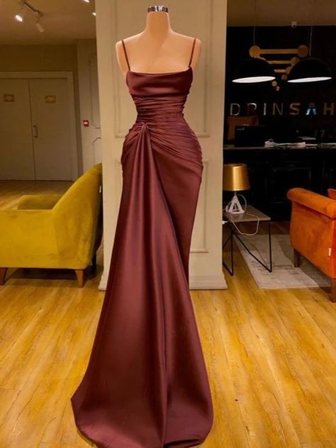 Sheath/Column Elastic Woven Satin Ruched Spaghetti Straps Sleeveless Sweep/Brush Train Dresses Modest Prom, Custom Prom Dress, Prom Dresses Modest, Long Prom Dresses, Cheap Custom, Satin Prom Dress, Halter Style, Mermaid Dress, Dresses Short