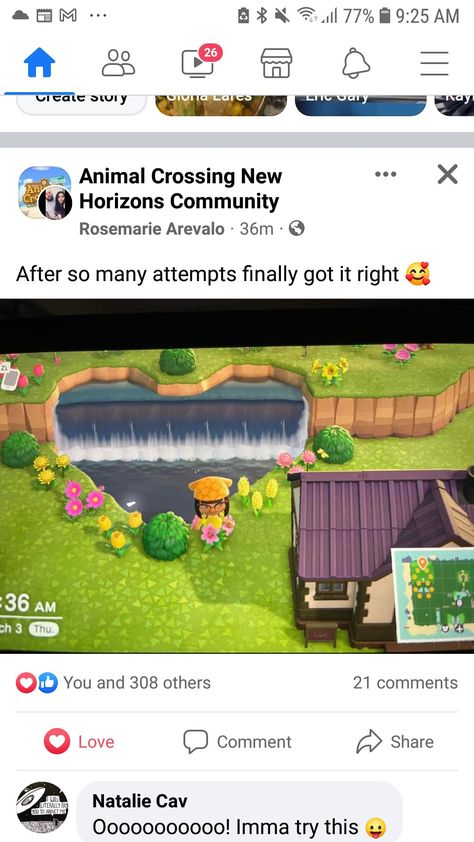 Acnh Waterfall House, Acne Town Tune, Animal Crossing Water Fall Ideas, Acnh Waterfall Design, Acnh Small Waterfall, Acnh Terraforming Guide, Heart Island Animal Crossing, Heart Island Acnh, Waterfall Ideas Animal Crossing