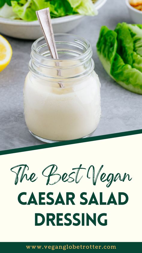 Caesar dressing is a traditional salad dressing made with raw egg yolk, anchovies, mustard, garlic, lemon juice, and parmesan cheese. That is super garlicky, zesty, and savory, and it goes great with fresh, simple salads. Get the recipe from my blog. #caesarsalad #veganrecipes #plantbaseddiet #healthylifestyle Types Of Salad Dressing, Plant Based Dressing, Vegan Caesar Salad Dressing, Vegan Caesar Dressing, Caesar Dressing Recipe, Vegan Caesar Salad, Vegan Caesar, Vegan Dressing, Vegan Ranch