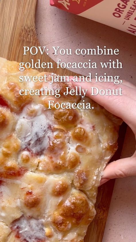 Arrowhead Mills | Turn a classic treat into a fun, sweet experience with this Jelly Donut Focaccia! Golden focaccia meets a burst of fruity jelly and a... | Instagram Jelly Donut, Rubber Spatula, Garlic Naan, Vanilla Icing, Focaccia Bread, Bread Recipes Sweet, Buzzfeed Food, Eat Real Food, Instant Yeast