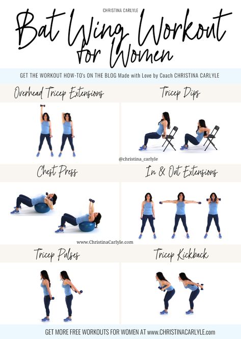 Bat Wing Arm Workout for Women - A workout for arm and bra strap back fat. Burn your arm fat at home with this quick and easy home arm workout routine for women. https://christinacarlyle.com/bat-wing-arm-fat-workout-for-women/ Bat Wing Workout, Wing Workout, Bat Wing Exercises, Wings Workout, Arm Workout Routine, Arm Workouts At Home, Tricep Kickback, Arm Workout Women, Lose Arm Fat