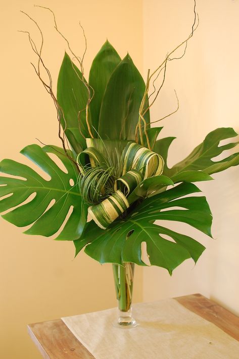 Palm Leaf Flower Arrangements, Foliage Only Arrangements, Tropical Floral Design, Tropical Leaf Arrangement, Monstera Arrangement, Tropical Flowers Arrangements, Greenery Floral Arrangements, Leaf Arrangements, Floral Designs Arrangements