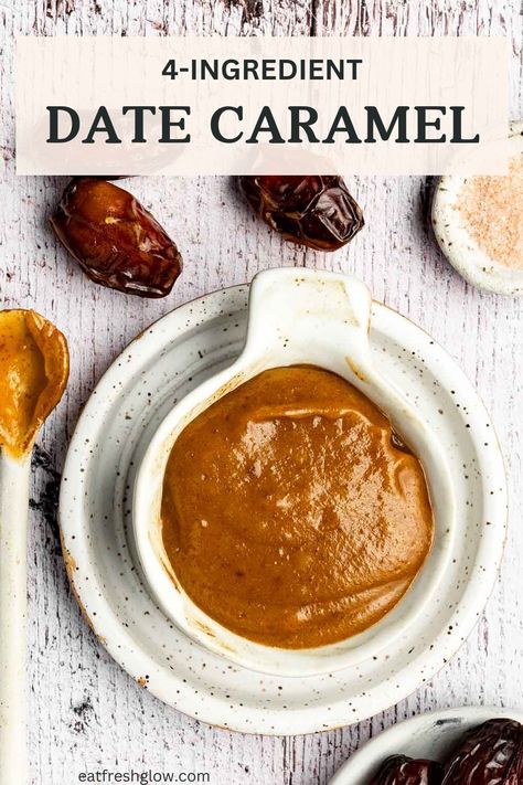 White bowl of date caramel sauce with dates and a small pinch bowl of pink sea salt. Caramel From Dates, Carmel Made From Dates, Date Caramel Sauce Recipe, Date Sauce Caramel, Carmel From Dates, Date Paste Desserts, Dates Jam Recipe, How To Make Date Caramel, Candy Made With Dates