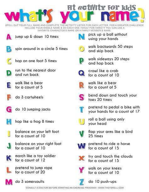 What's your name? Fitness activity for kids. Your kids will get a workout without realizing it when you make fitness into a fun game. Spell Your Name Workout, 블로그 디자인, What's Your Name, Spell Your Name, Physical Activities For Kids, Name Activities, What Is Your Name, Brain Breaks, Activity For Kids