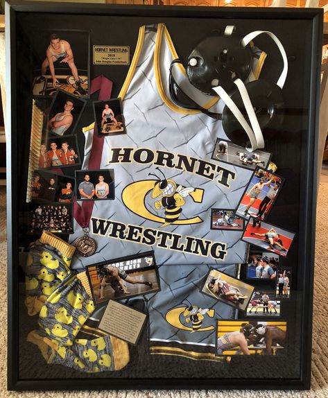 Senior wrestling shadow box Wrestling Shadow Box Ideas, Sports Shadow Boxes, Wrestling Banquet, Wrestling Pictures, Senior Night Posters, High School Graduation Party Decorations, Shadow Box Ideas, Graduation Memories, Wrestling Gift