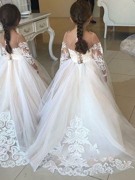 Ericdress Ball Gown Long Sleeves Appliques Flower Girl Dress 13003968 - Ericdress.com Kids Wedding Dress, Lace Flower Girl Dress, Holy Communion Dresses, Wedding Dresses For Kids, Kids Wedding, Tulle Flower Girl, Tulle Flowers, Tulle Ball Gown