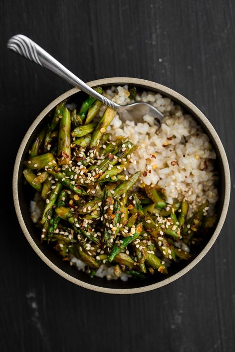 Asparagus Stir-Fry with Sesame-Miso Sauce | Naturally Ella | Bloglovin’ Vegan Asparagus Recipes, Miso Recipes, Miso Recipe, Asparagus Stir Fry, Miso Sauce, Cooking Grains, Asparagus Recipe, Quick Cooking, Spring Recipes