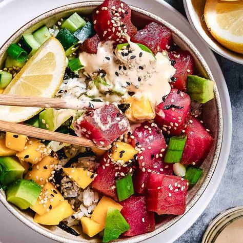 Mango Ahi Tuna Poke Bowl Tuna Bowl Poke, Mango Poke Bowl, Poke Bowl Tuna, Ahi Tuna Recipes, Ahi Tuna Bowl, Ahi Tuna Poke Bowl Recipe, Chuck Steak Recipe, Ahi Poke Bowl, Ahi Tuna Poke Bowl