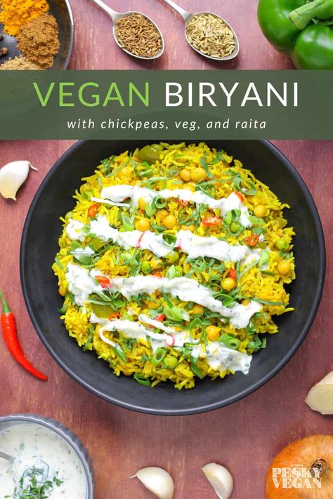 Featuring basmati rice, chickpeas, veg, and flavourful spices, this homemade vegan biryani recipe provides a filling and nutritious one-pot meal that's dairy-free, meat-free, and gluten-free. #vegan #veganbiryani #chickpeas #chickpeabiryani #garbanzorecipe #veggiebiryani Vegan Biryani, Recipe With Chickpeas, Flavored Chickpeas, Veggie Protein, Vegetable Biryani Recipe, Vegetable Biryani, Lentil Dishes, Spiced Rice, Vegan Chickpea