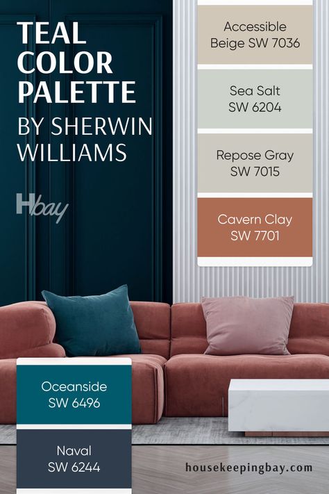 Teal Color Exploration by Sherwin Williams Naval Sw 6244, Naval Sherwin Williams, Color Palette Sherwin Williams, Cavern Clay, Teal Paint Colors, Terracotta Color Palette, Color Exploration, Repose Gray Sherwin Williams, Teal Color Palette