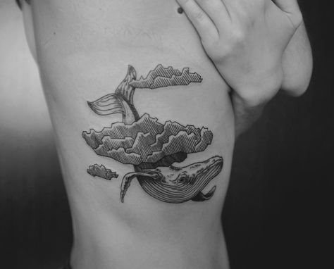 ribs Sky Whale Tattoo, Flying Whale Tattoo, Sophisticated Tattoo, Birth Marks, Flying Whale, Tattoo Linework, Woodcut Tattoo, Whale Tattoo, Tattoo Spots