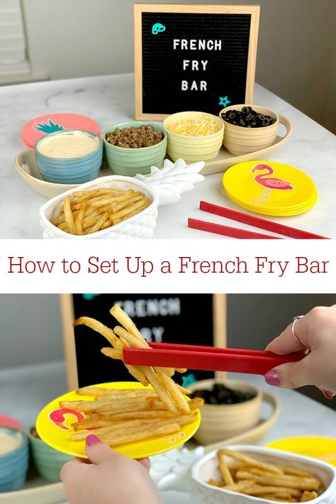 Learn how to set up a French Fry Bar at your next party that your guests will enjoy. See which toppings are the best for Loaded French Fries. #MyMcCainPotatoes #McCainPotates AD French Fry Bar Toppings, French Fry Party Ideas, Small Fry Birthday Party, French Fry Theme Birthday Party, French Fry Birthday Party, French Fry Party, French Fry Bar, Loaded French Fries, Fry Bar