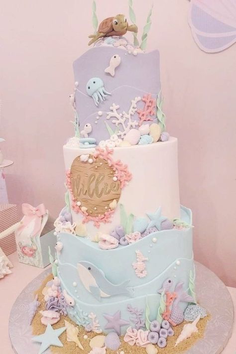 Ocean Theme Birthday Party Girl, 2nd Mermaid Birthday Party, Boho Mermaid Cake, Sea Theme Birthday Cake, Ocean Baby Shower Cake, 1st Birthday Mermaid Theme, Mermaid Cakes For Girls Birthday, Ocean Birthday Party Decorations, Ocean Party Ideas