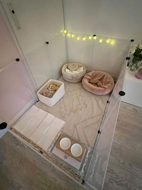 Dog Area Bedroom, Cute Dog Spaces Ideas, New Dog Setup, Puppy Area Ideas, Dog Room Ideas For Big Dogs, Dog Cage Bunny Cage, Mini Dog Room, Cute Dog Playpen, Puppy Supplies Aesthetic