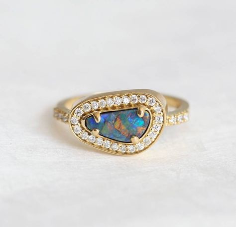 Say Yes To Opal Engagement Rings Black Diamond Engagement Ring Set, Dainty Promise Ring, Ring With Halo, Alt Wedding, Opal Ring Vintage, Ring Cuts, Australian Black Opal, Black Opal Ring, Opal Engagement Ring