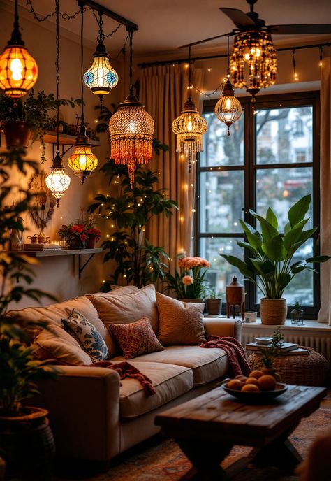 Cozy Lighting Living Room Living Room With Stained Glass Lamp, Cozy Fairy Lights Living Room, Cosy Living Room Fairy Lights, Fairy Light Living Room Ideas, Twinkly Lights Living Room, Modern Boho Living Room Lighting, Creating Light In A Dark Room, Cozy Interior Lighting, Hygge Lighting Living Rooms