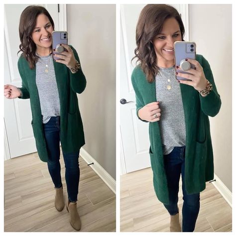 Green Sweater Cardigan Outfit, Hunter Green Cardigan Outfit Work, Green Casual Cardigan For Cold Weather, Long Green Cardigan Outfit, Casual Green Winter Cardigan, Cozy Green Cardigan For Work, Chic Green Fall Cardigan, Dark Green Cardigan Outfit, Cozy Green Cardigan For Cold Weather