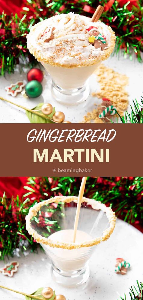 The best Gingerbread Martini is topped with layers of whipped cream, cinnamon, and more gingerbread cookies for a festive holiday dessert cocktail! | Recipe at BeamingBaker.com Whipped Cream Vodka Recipes, Toasted Almond Drink, Gingerbread Martini Recipe, Gingerbread Martini, Homemade Vanilla Frosting, Holiday Martinis, Festive Holiday Desserts, Frosted Gingerbread, Vanilla Bean Cupcakes