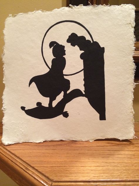 Dorm art! Aladdin and Jasmine Silhouette❤️ Aladdin And Jasmine Tattoo Ideas, Aladdin And Jasmine Silhouette, Aladdin Silhouette, Jasmine Silhouette, Embroidery Journaling, Aladdin Tattoo, Disney Centerpieces, Aladdin Art, Disney Silhouette Art