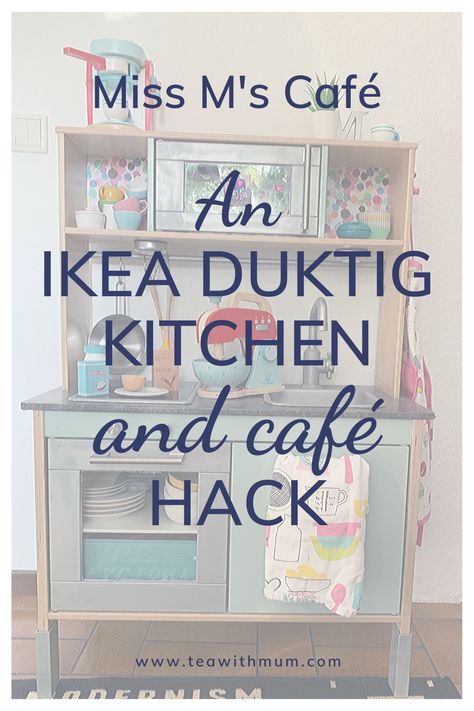 Through happy coincidence, we decided to hack our daughter's IKEA Duktig kitchen to make it dual function. This 2-in-1 kitchen and café gets much more use than a kitchen alone would and it adds additional role play and learning experiences for her. Best of it, it involved very little additional effort. #ikeahack #duktigkitchen #duktighack #duktigrevamp #helpmychildlovesikea #parentingwin #teawithmum Kids Ikea Kitchen, Ikea Kids Kitchen Hack Cafe, Duktig Kitchen Hack Montessori, Ikea Duktig Extension, Ikea Duktig Black, Ikea Duktig Blue, Ikea Duktig Kitchen, Cafe Stickers, M Cafe