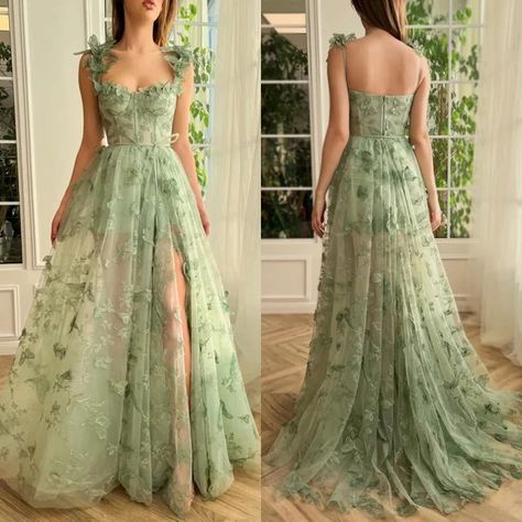 Sage Green Butterfly, Prom Gown Elegant, Sage Green Prom Dress, Prom Evening Dresses, Bff Girls, Butterfly Lace, Sage Green Dress, Delicate Butterfly, Elegant Party Dresses