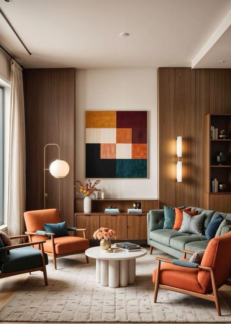 Mid Century Modern Living Room With Tv, Orange Interior Design Inspiration, Living Room Wood Furniture, Interior Design Orange, Orange Interior Design, Cozy Mid Century Modern Living Room, Modern Mid Century Living Room, Interior Design Render, Architectural Render