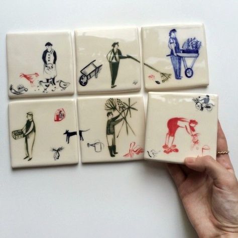 Artsy Gift, Illustrated Gift, Large Garden, Arte Inspo, Ceramics Ideas Pottery, Ceramic Coasters, Beautiful Tile, Ceramic Design, Clay Ceramics