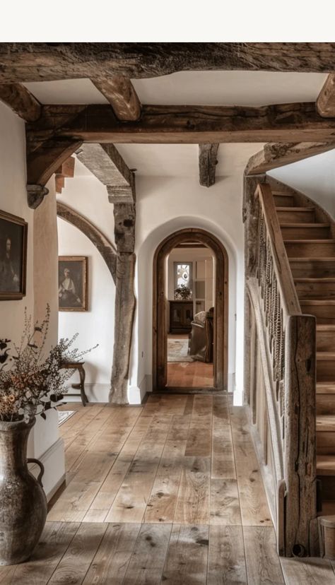 Fairytale Style Home, Wood Archways In Homes, Old Farmhouse Stairs, Mountain Home Entryway, Spanish Rustic Home Decor, Stairs In Foyer, Curved Hallway, Easy Outdoor Projects, Rustic Foyer