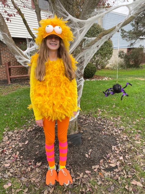 Diy Big Bird Costume Women, Big Bird Costume Diy, Diy Big Bird Costume, Big Bird Halloween Costume, Big Bird Onesie Costume, How To Make Bird Feet For Costume, Bird Costume Diy, Bird Felt Toto Costume, Kid Bird Costume