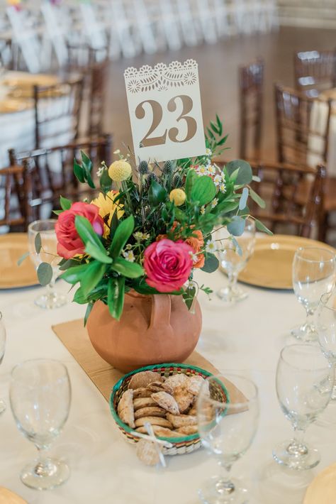 Charra Birthday Party, Rustic Mexican Theme Party, Loteria Wedding Theme, Mexican 50th Wedding Anniversary, Mexican Floral Centerpieces, Papel Picado Table Numbers, 75th Birthday Mexican, Rustic Mexican Wedding Decor, Mexican Folk Wedding