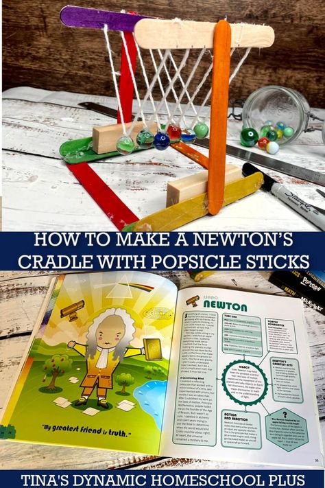 How To Make A Newton's Cradle With Popsicle Sticks | 5 Sir Isaac Newton Facts. I’m showing you how to make a Newton’s cradle with popsicle sticks for a fun and educational homeschool project. You have likely seen the contraption with spheres clacking back and forth on desktops. This is called Newton’s cradle which demonstrates his third law. It is a device that shows the conservation of momentum and the conservation of energy with swinging spheres Newton made amazing contributions. Conservation Of Momentum, Newtons Cradle, Homeschooling Elementary, Conservation Of Energy, Sir Isaac Newton, Newton's Cradle, Homeschool Projects, Homeschool Crafts, Homeschool Elementary