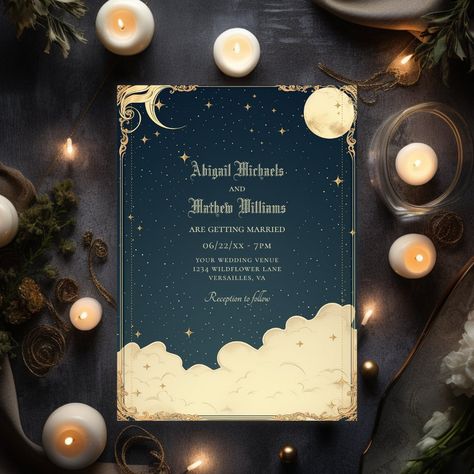 Vintage Celestial Moon and Stars Mystical Wedding Invitation Mystical Wedding, Celestial Wedding Invitations, Vintage Celestial, Celestial Wedding, Vintage Wedding Invitations, Moon And Stars, Marry You, Diy Business, Wedding Invitation Templates